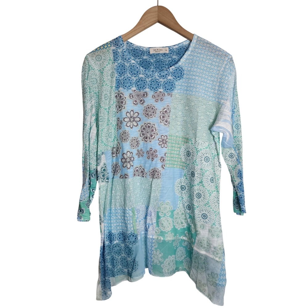 Jess & Jane Tunic Top Women Medium Blue Patchwork Floral 3/4 Sleeve 63-000